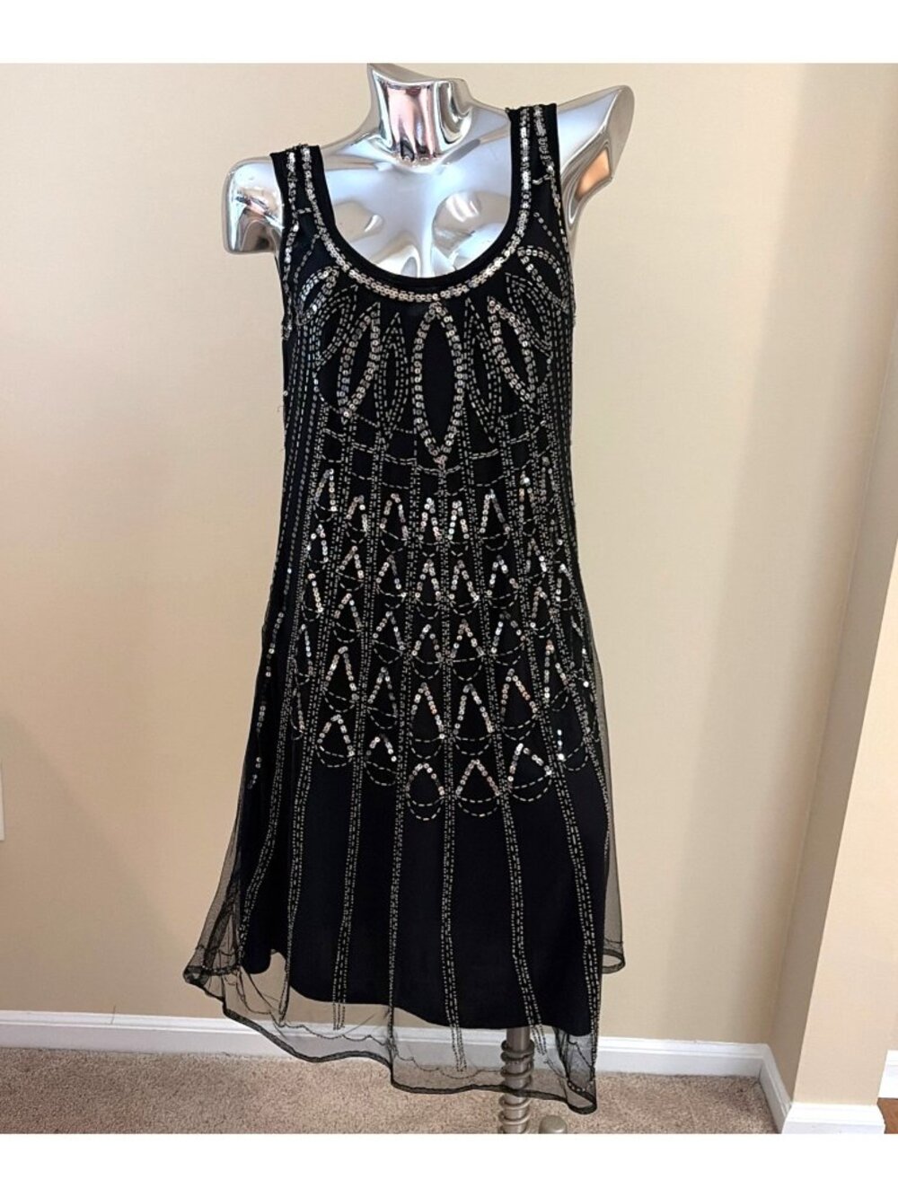 VTG Angie Sequin Flapper Dress Size M Black Beads Art Deco Gatsby Whimsigoth